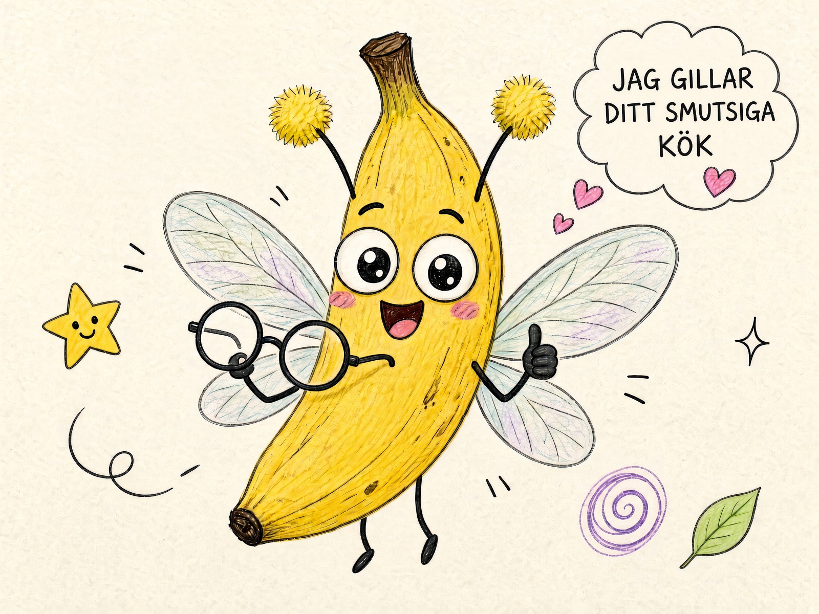 Tecknad banan med vingar håller glasögon och gör tummen upp bredvid texten ”Jag gillar ditt smutsiga kök”.