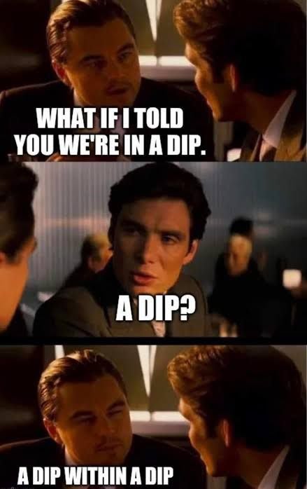 Tre filmrutor med två män och texten ”What if I told you we're in a dip. A dip? A dip within a dip”.