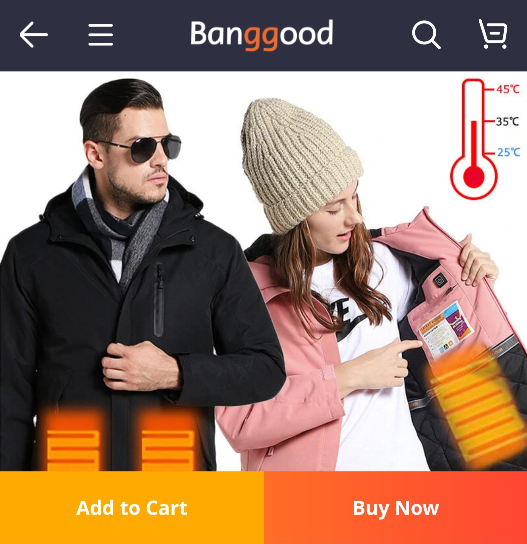 Banggoods webbutik visar två personer i jackor med illustrerade värmeslingor samt knappar för köp.